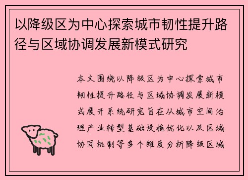 以降级区为中心探索城市韧性提升路径与区域协调发展新模式研究 以降级区为中心探索城市韧性提升路径与区域协调发展新模式研究